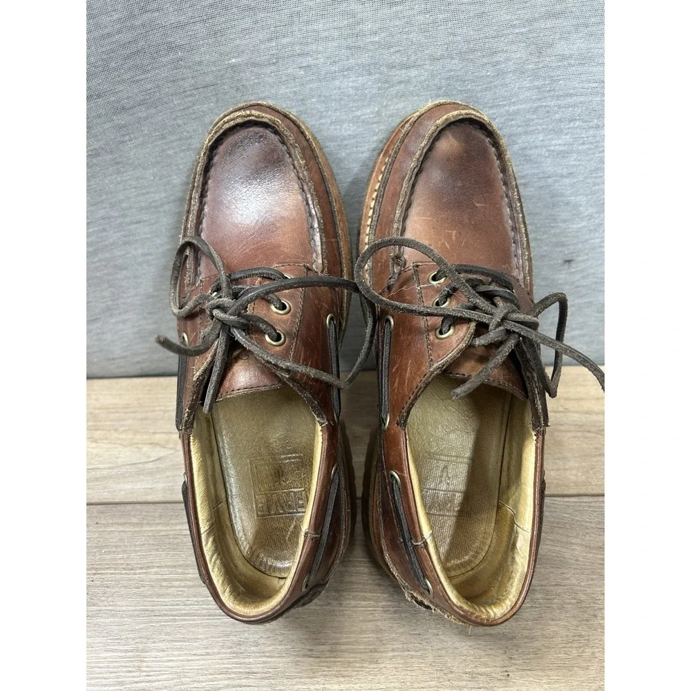 FRYE Nolan Brown Leather Moc Toe Boat Shoes Men's 8D,Mexico Double Bottom Sole